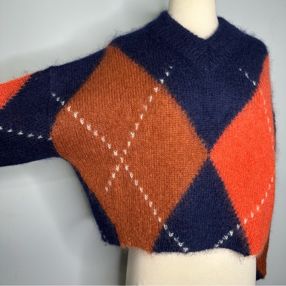 COS Women’s Navy Cropped Mohair Argyle Pullover Sweater Size S - Picture 7 of 12